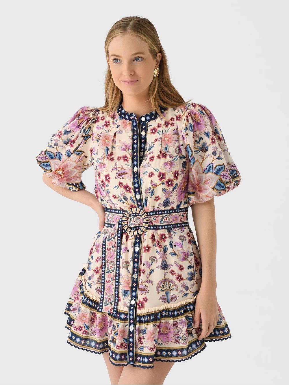 Farm Rio Superbloom Tapestry Cream Puff Sleeves Mini Dress NWT size small - Picture 2 of 10
